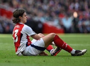 Fears Arsenal star Riccardo Calafiori suffered injury against Leicester after he’s pictured with knee support