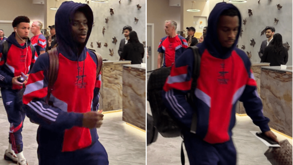 Bukayo Saka and Jurrien Timber pictured with Arsenal squad ahead of Liverpool showdown